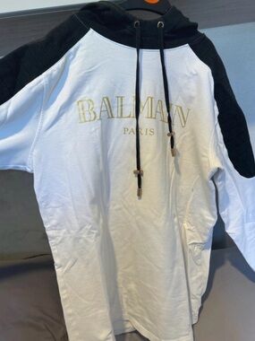 Balmain White Hoodie with Black Hood & Gold Logo